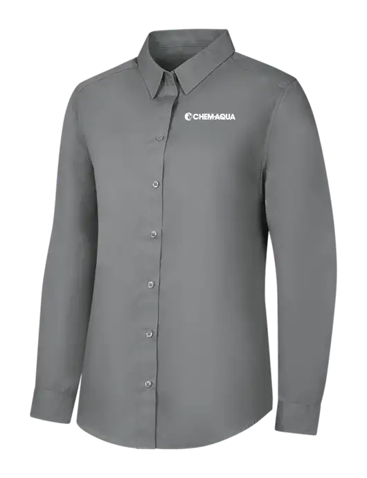 Womens Medium Grey Long Sleeve Carefree Poplin Shirt w/Chem-Aqua Logo