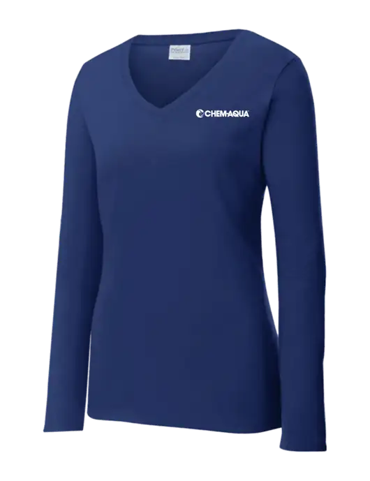 Womens  V-Neck Ring Spun Navy 4.5 oz Long Sleeve T-Shirt w/Chem-Aqua Logo