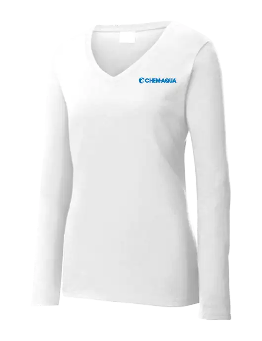 Womens  V-Neck Ring Spun White 4.5 oz Long Sleeve T-Shirt w/Chem-Aqua Logo