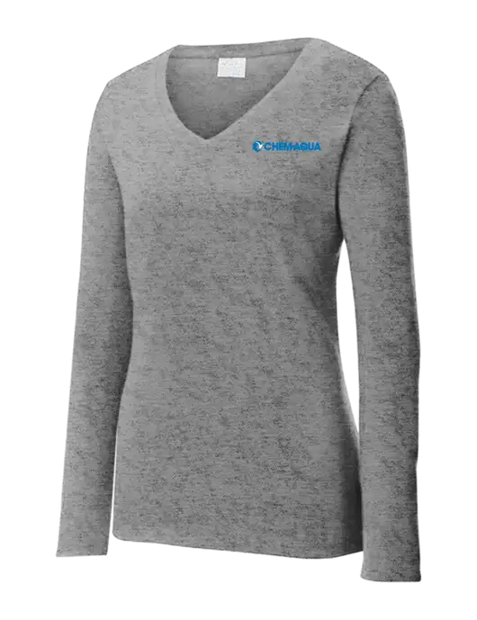Womens  V-Neck Ring Spun Grey Heather 4.5 oz Long Sleeve T-Shirt w/Chem-Aqua Logo