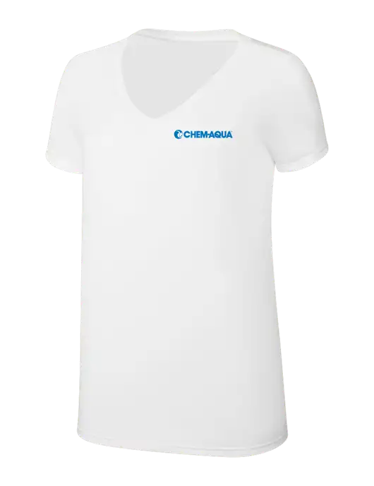 Womens Simply Soft V-Neck White 4.5oz  Poly/Combed Ring Spun Cotton T-Shirt w/Chem-Aqua Logo