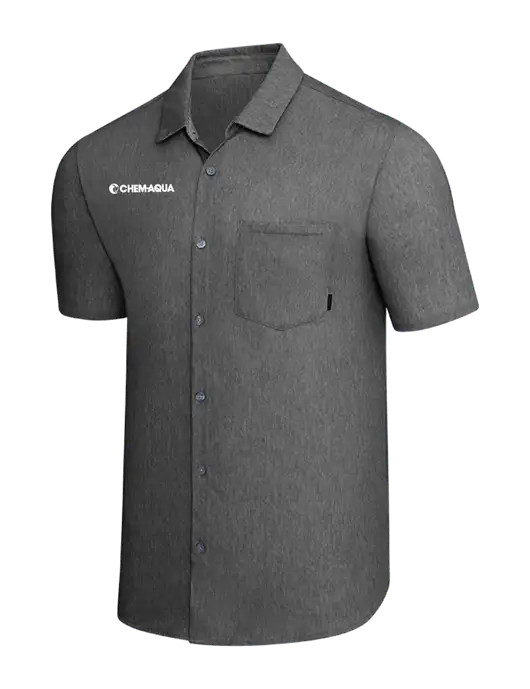 OGIO Dark Grey Heather Extend Short Sleeve Button Up Shirt w/Chem-Aqua Logo