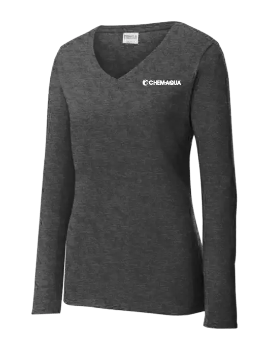 Womens  V-Neck Ring Spun Dark Heather Grey 4.5 oz Long Sleeve T-Shirt w/Chem-Aqua Logo