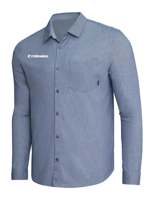 OGIO Slate Blue Heather Extend Long Sleeve Button Up Shirt w/Chem-Aqua Logo