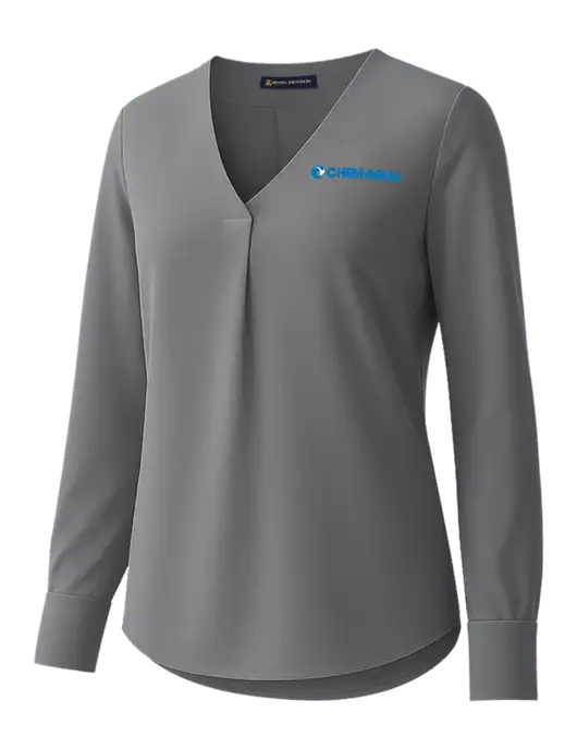 Brooks Brothers Womens Medium Grey Open-Neck Satin Blouse  w/Chem-Aqua Logo
