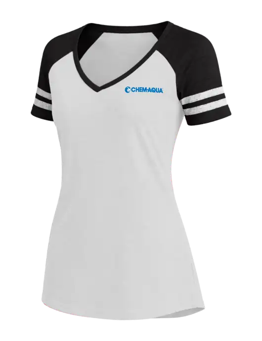 Womens White/Black V-Neck Game Tee w/Chem-Aqua Logo