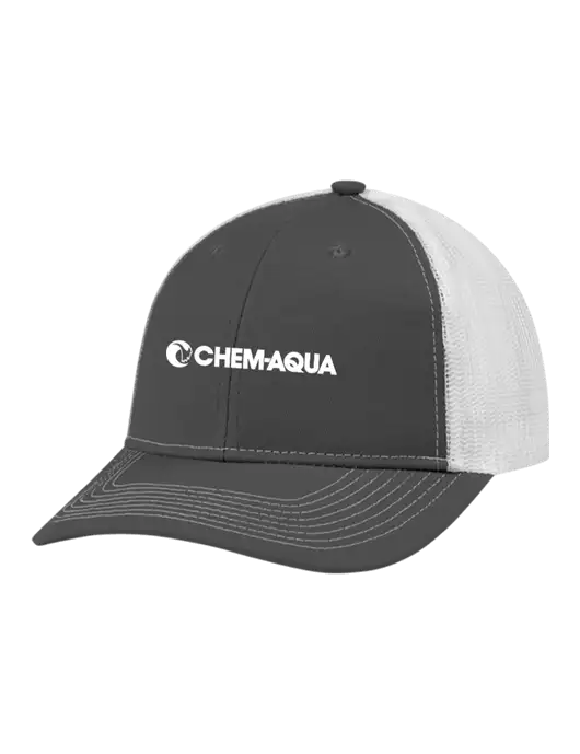 Snapback Ponytail Trucker Cap Dark Grey w/White Mesh w/Chem-Aqua Logo