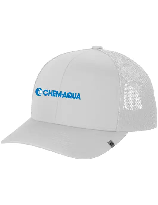 TravisMathew White Cruz Trucker Cap w/Chem-Aqua Logo